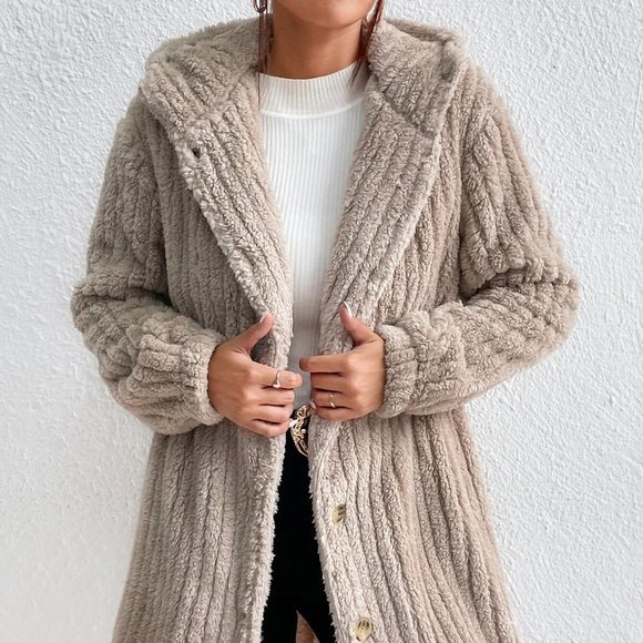 Khaki Casual Womens Button Front Hooded Teddy Coat - Picture 5 of 5